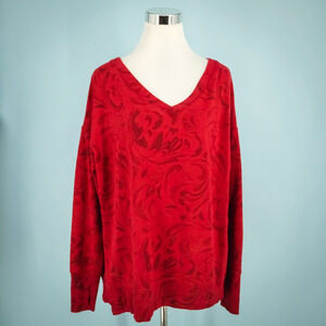 Athleta Size Large L Red Floral Coaster Luxe V Neck Long Sleeve Knit Sweatshirt